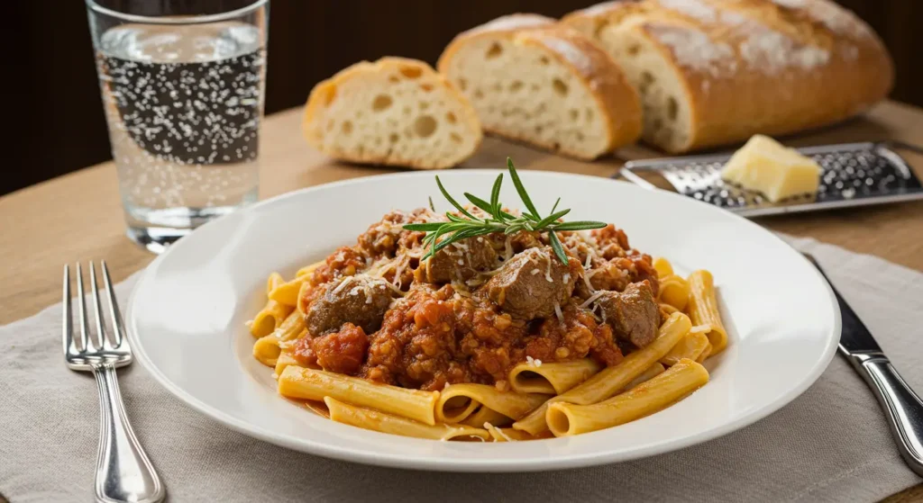 Lamb Ragu d'Abruzzo served over pasta, garnished with rosemary and Parmesan cheese.