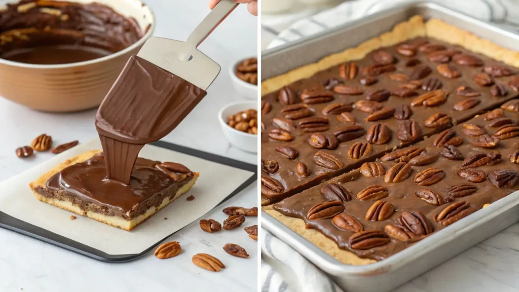 Pouring melted chocolate onto a baking sheet to create this recipe.