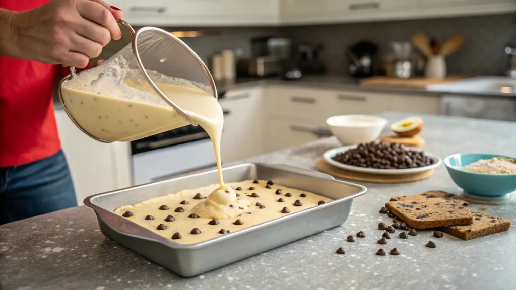 Step-by-step recipe for cornbread chocolate cake, with batter being poured into a cake pan with chocolate chips.