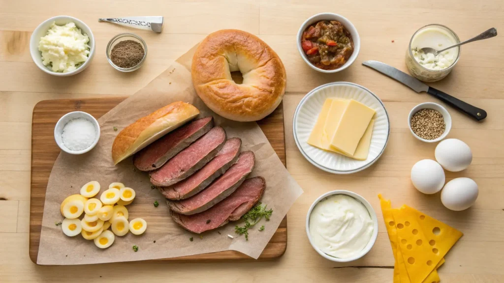 Step-by-step ingredients for making a steak egg and cheese bagel, including eggs, steak, cheese, and bagels, displayed on a kitchen counter.