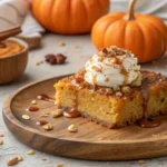 A slice of pumpkin dump cake with whipped cream, caramel drizzle, and pecans, served on a rustic plate with fall decorations, perfect for autumn desserts.