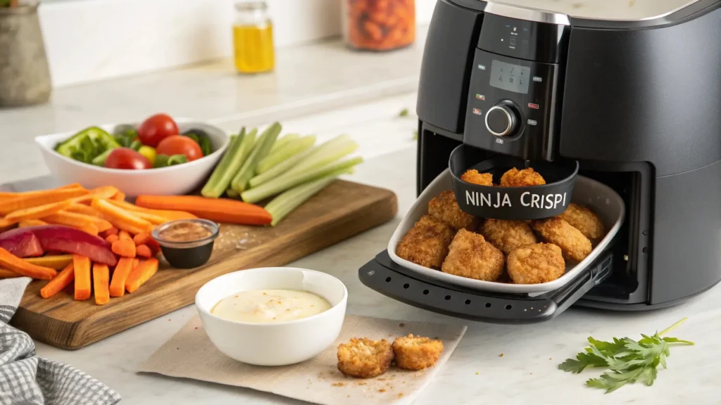 Quick ninja crispi dip recipe with freshly air-fried snacks and creamy dip.