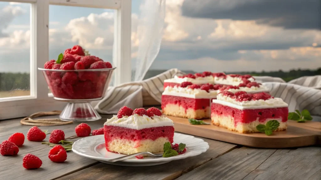 A visually appealing raspberry zinger poke cake with vibrant red gelatin and whipped cream, perfect for any celebration or dessert table.