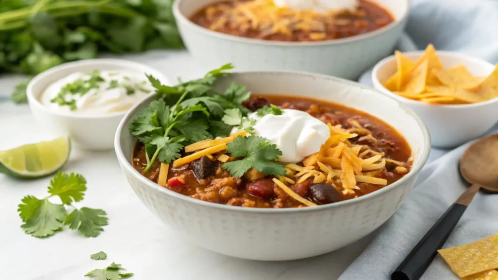 A bowl of taco soup frios, garnished with fresh cilantro, sour cream, and cheese, offering a refreshing and flavorful twist on the classic dish.