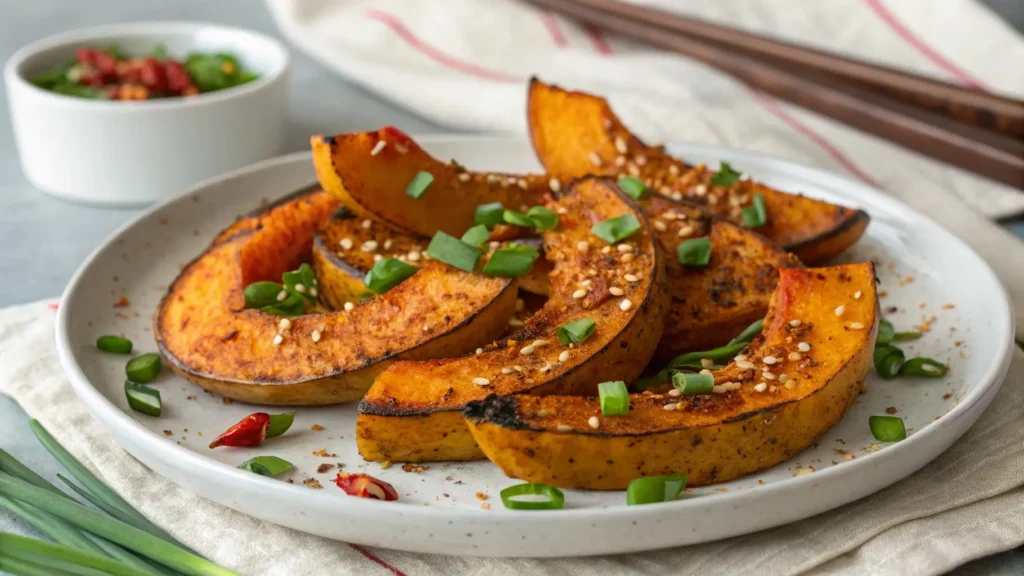 Roasted kabocha squash seasoned with five-spice powder and sesame seeds, offering a flavorful vegan dish with Chinese influence.