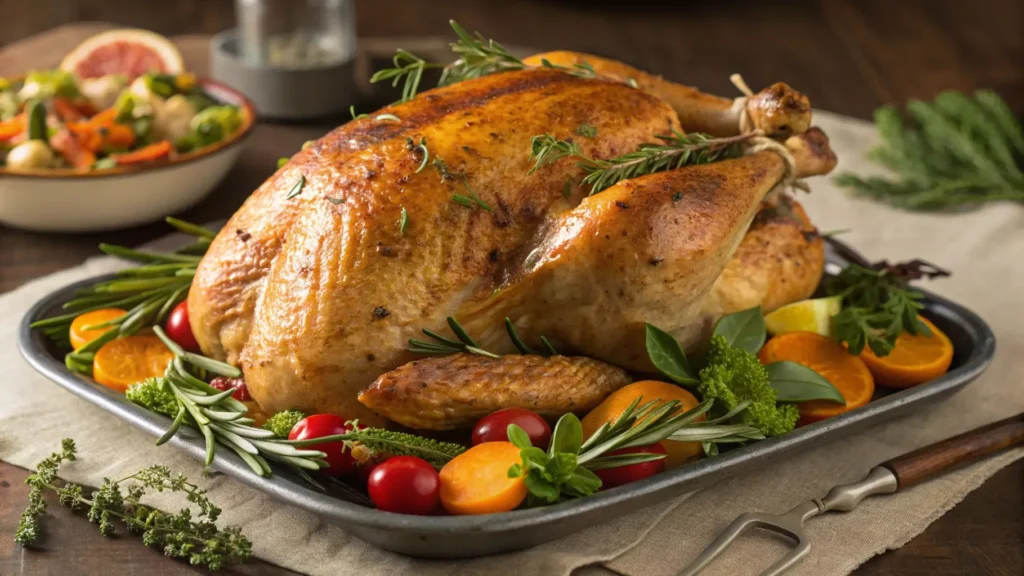 Roasted turkey on a platter, perfectly cooked after being injected with a delicious marinade.