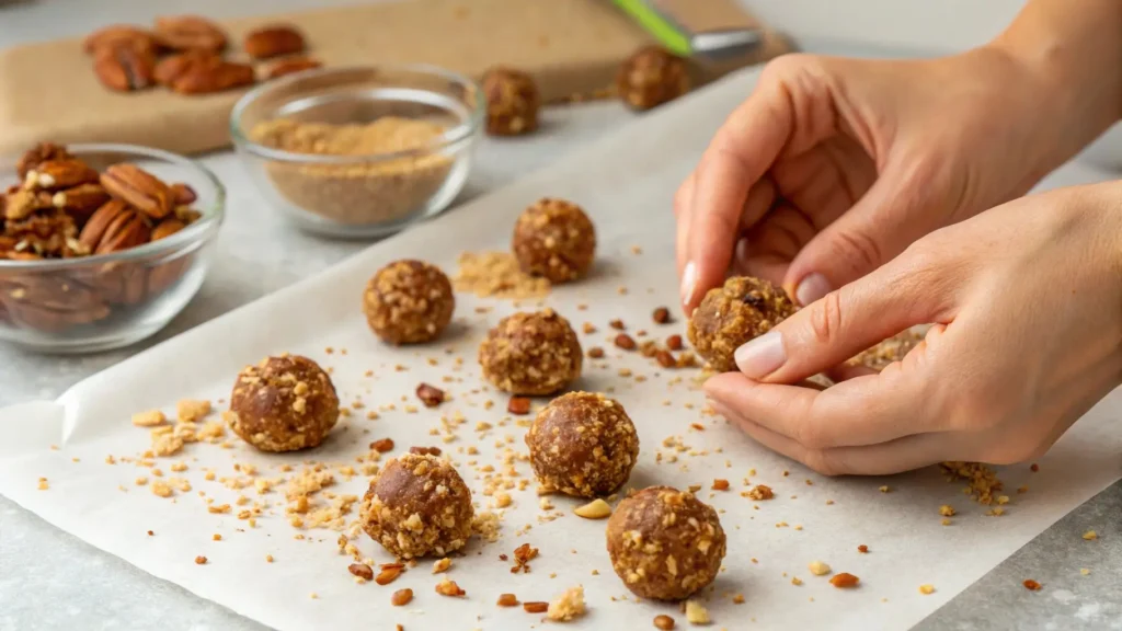 Hands rolling homemade pecan pie balls, made with toasted pecans, graham cracker crumbs, and syrup for a delicious treat.