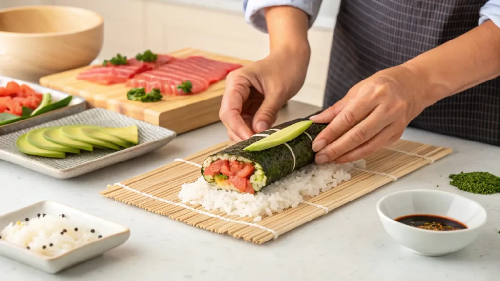 A person preparing a spicy tuna roll at home with fresh ingredients like tuna, spicy mayo, and rice, using a bamboo sushi mat.