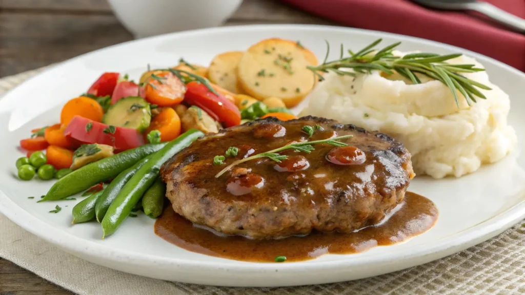 A plated serving of Salisbury steak made with ground chicken, topped with savory gravy, paired with vegetables and potatoes. Ideal for a balanced meal.