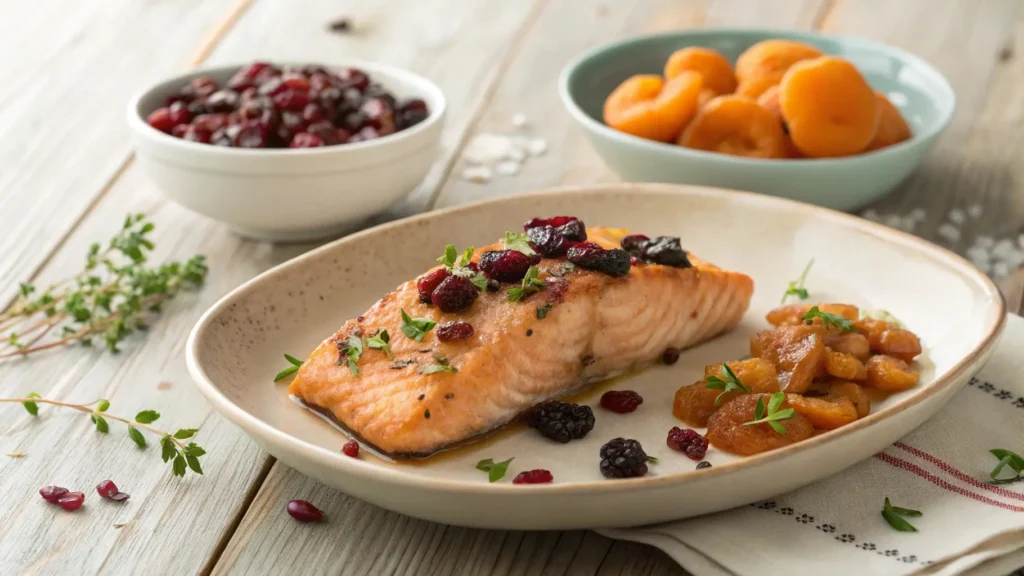 Plate of salmon with dried cherries, apricots, and cranberries, showcasing a perfect dried fruit and fish pairing.