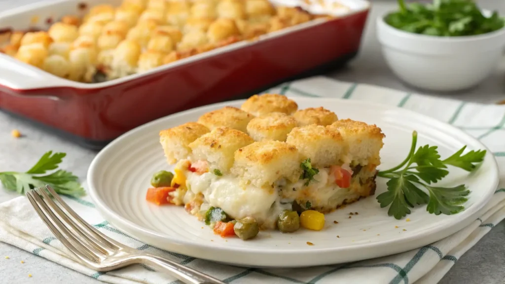 Hotdish served on a plate with crispy topping and creamy filling