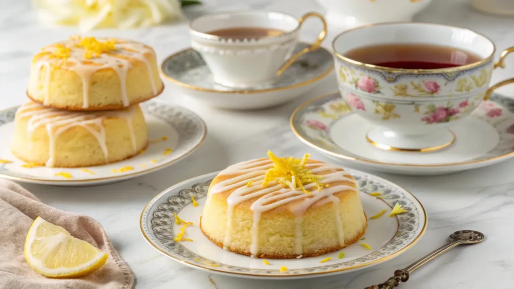 Lemon cakes served on elegant plates with glaze drizzle, lemon zest garnish, and vintage teacups for a refined presentation.