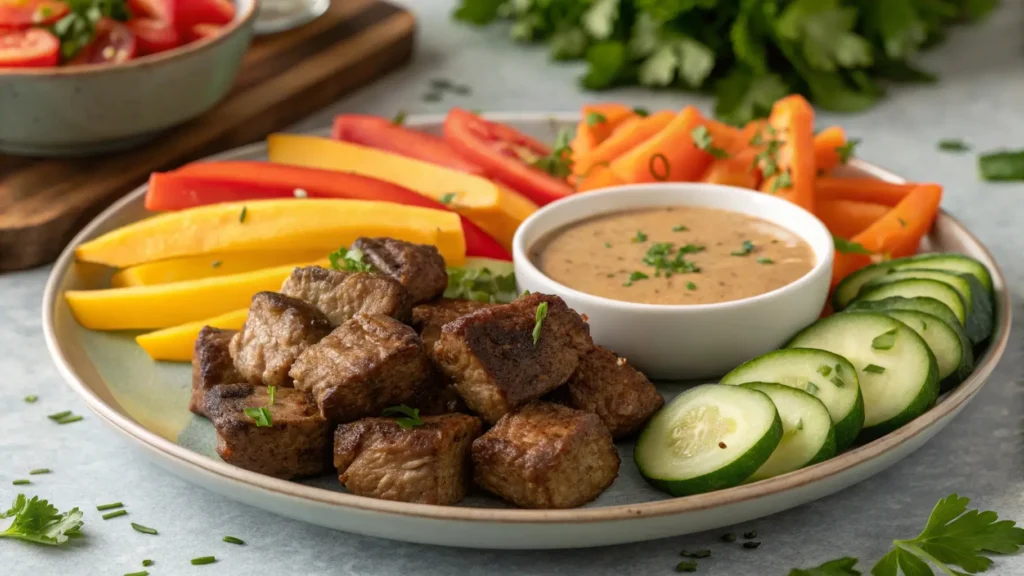 Juicy air fryer steak bites served with vegetables, sauce, and fresh herbs for a delicious meal.