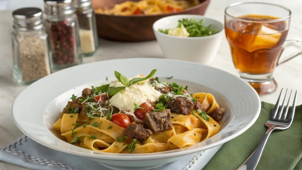 A beautifully plated creamy beef pasta with cream cheese, garnished with herbs and cheese, perfect for serving at dinner.