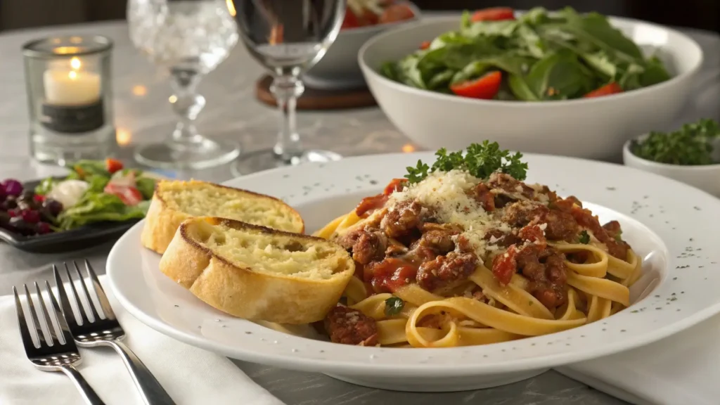 Delicious ground beef pasta no cream served with garlic bread, fresh salad, and grated cheese for a complete meal.