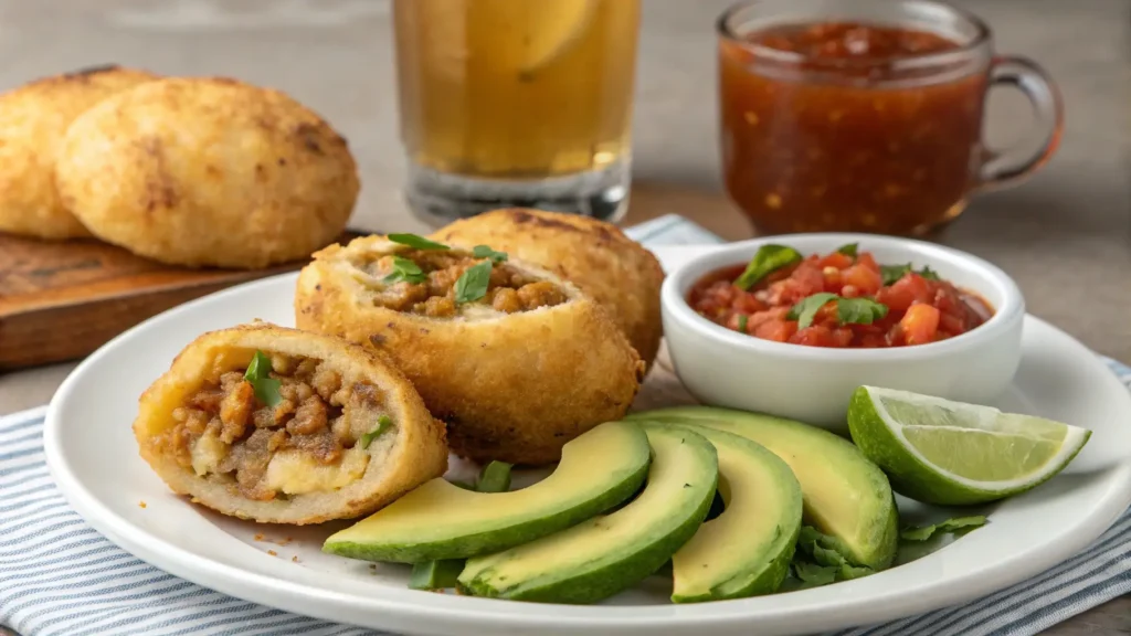 A delicious plate of papas rellenas served with fresh salsa de pebre, avocado, and a traditional Chilean drink.