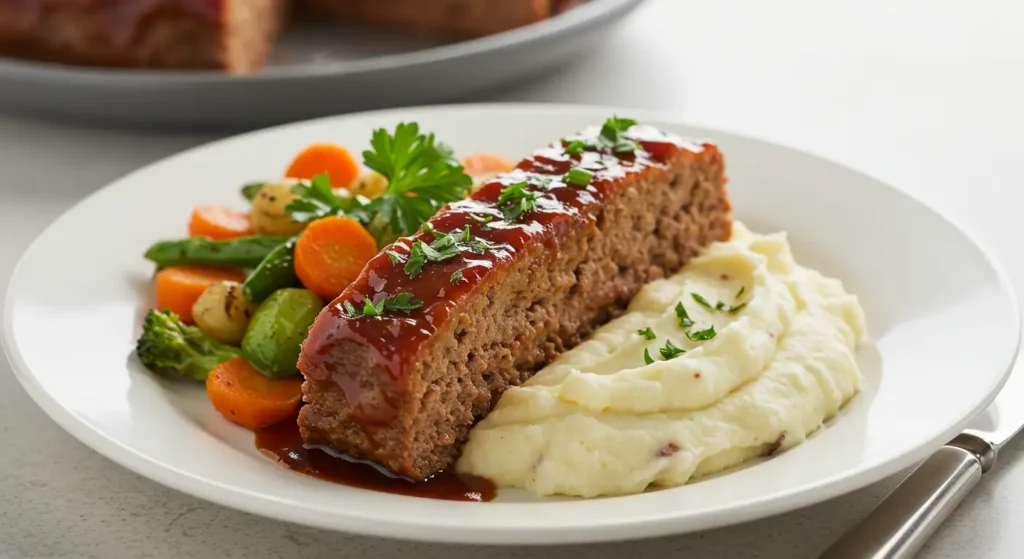 A plate featuring Ryan's Meatloaf with mashed potatoes and roasted vegetables, garnished with fresh parsley for an elegant presentation.