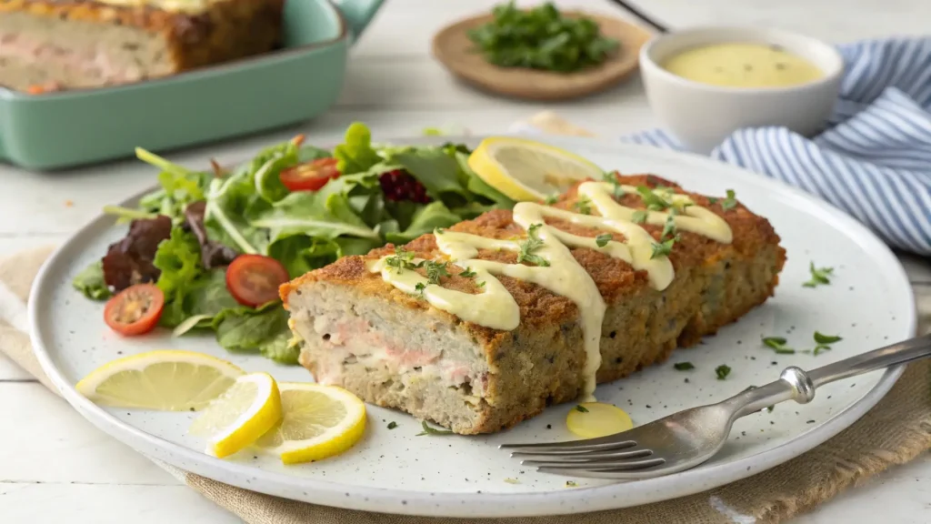 A slice of tuna and salmon loaf served with a garden salad and lemon sauce, offering a delicious and healthy meal option.