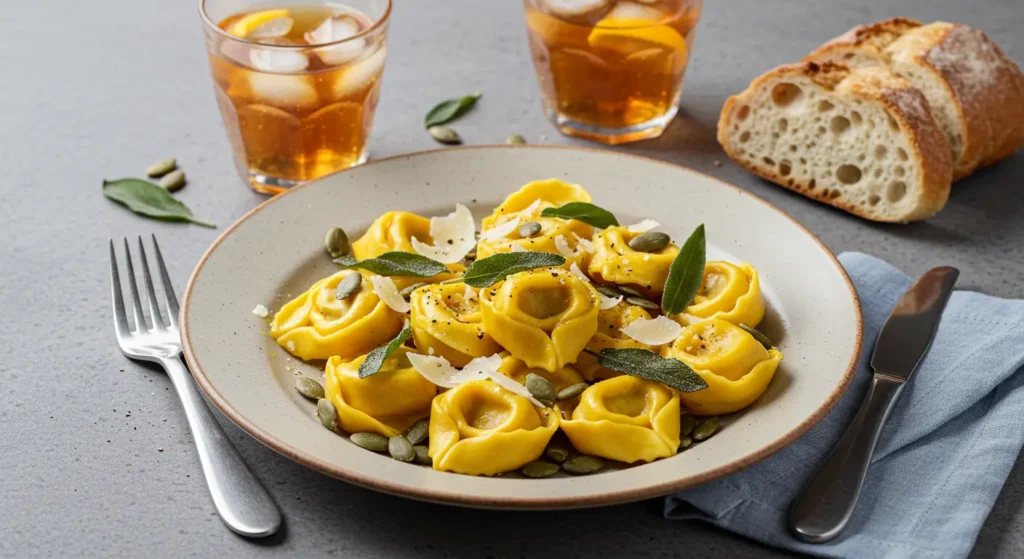 A plated serving of tortellini pumpkin pasta with sage and Parmesan, paired with white wine and bread