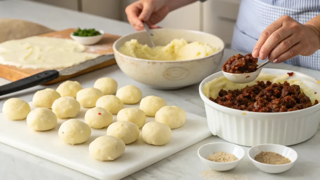 Shaping papas rellenas with mashed potatoes and ground beef, a key step in the Chilean recipe.