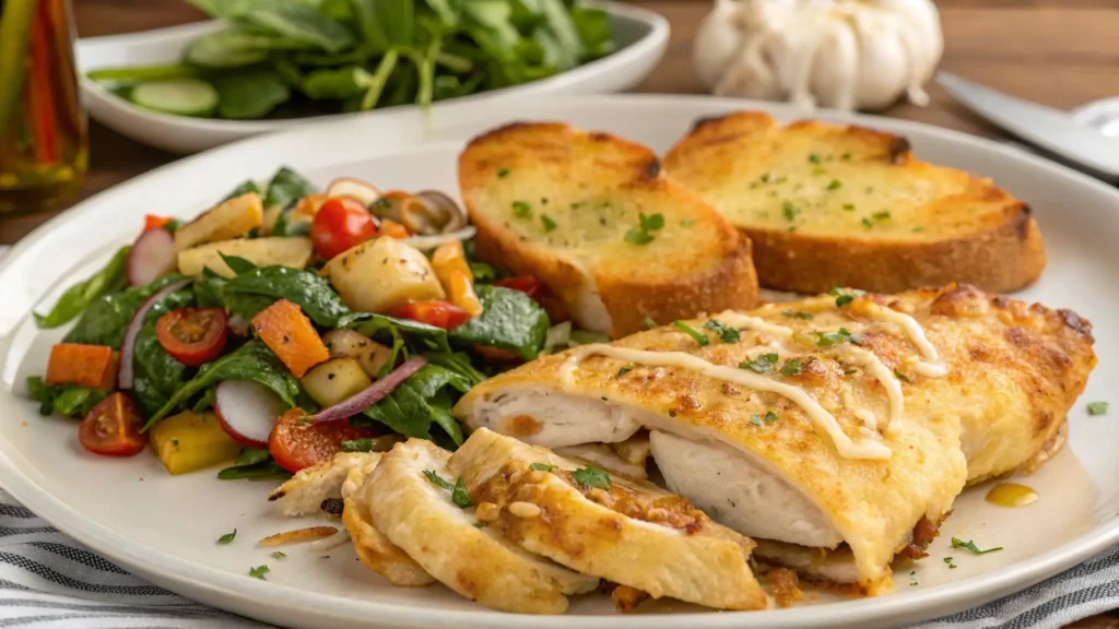 A chicken and cheese jalousie served with a side of salad, roasted vegetables, and garlic bread for a complete meal.