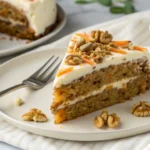 A delicious slice of carrot cake with cream cheese frosting, garnished with chopped walnuts and grated carrots, served on a white plate.