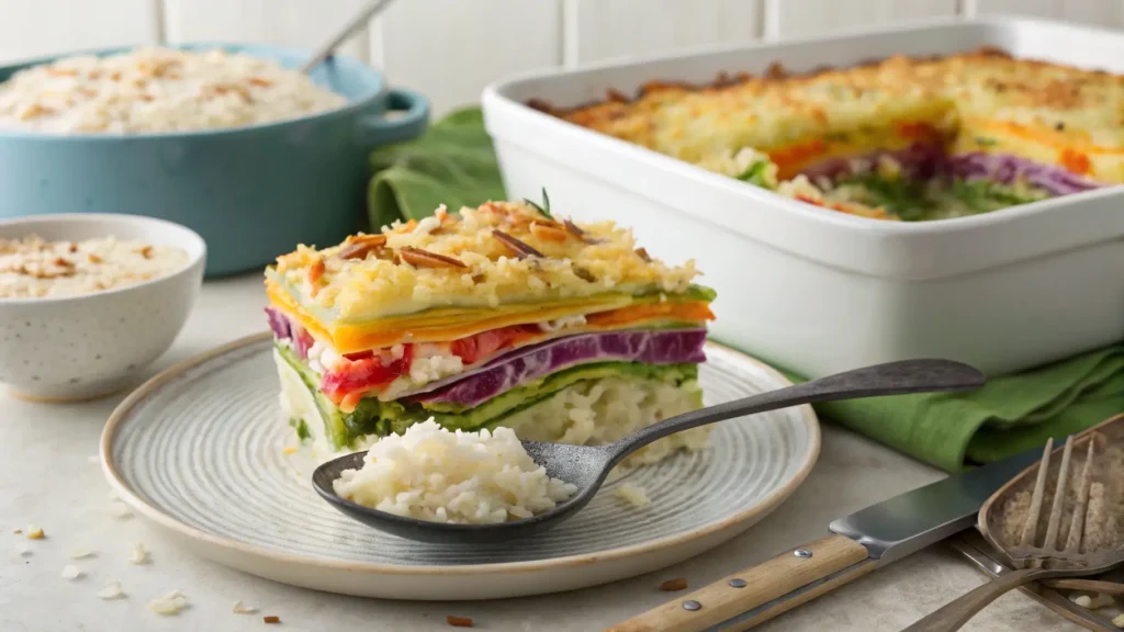 A perfectly sliced cabbage and rice casserole with a serving spoon, ideal for showing how to serve leftovers in a creative way.