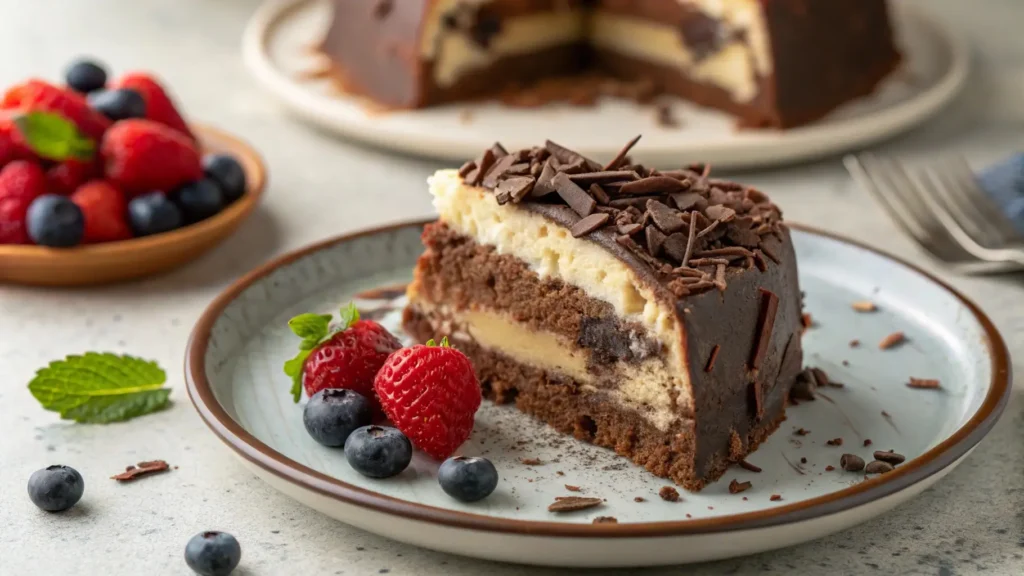 A beautifully sliced chocolate cream cheese pound cake on a plate, perfect for serving.