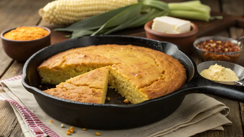 A freshly baked Southern cornbread with beef tallow, golden and crispy, served in a cast iron skillet. Perfectly moist inside, showcasing traditional Southern cooking.