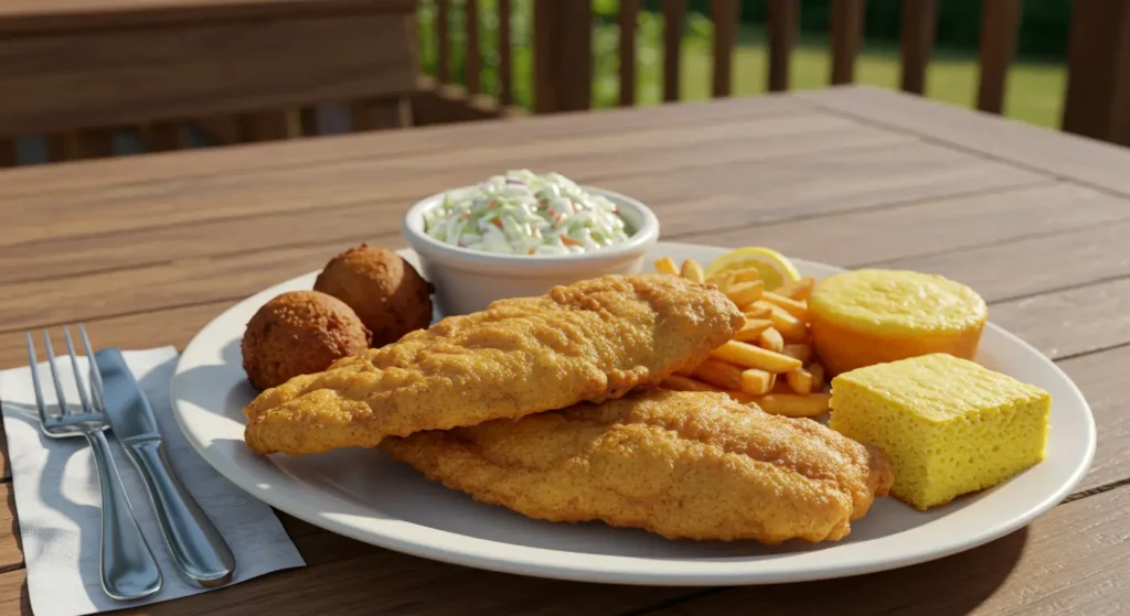 A Southern-style fish fry with crispy fried fish, hushpuppies, and sides like coleslaw and cornbread, showcasing a traditional hillbilly fish fry.