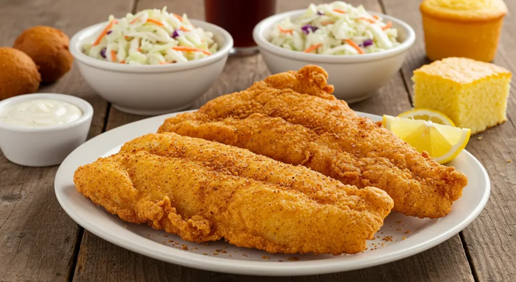 A delicious Southern-style fish fry with crispy fried fish fillets, hushpuppies, coleslaw, and cornbread, showcasing a traditional hillbilly fish fry.