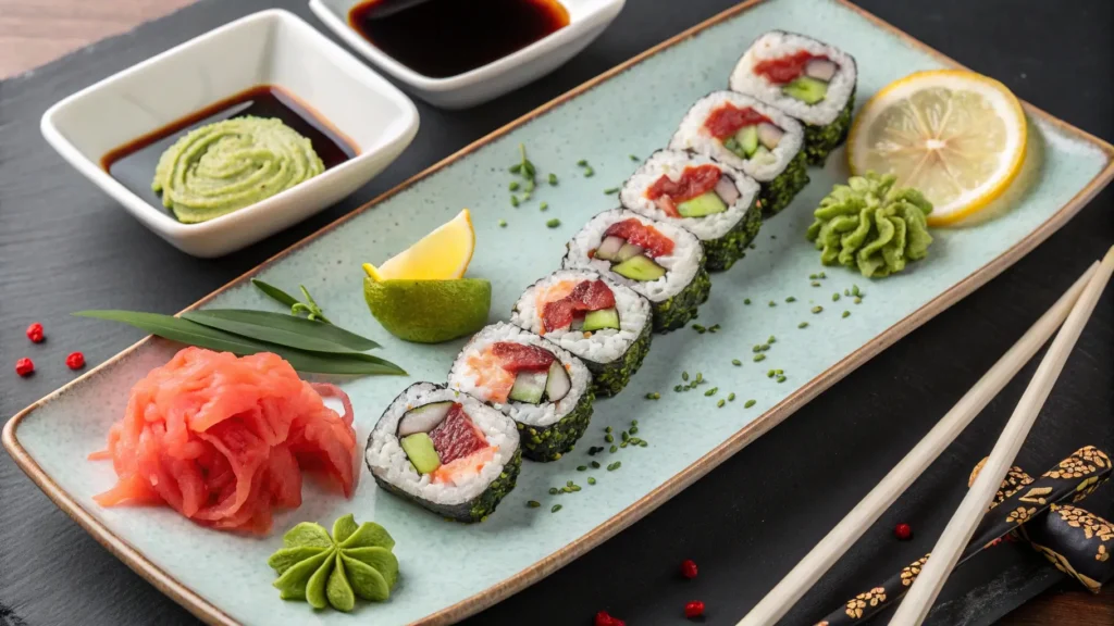 A selection of spicy tuna rolls, including variations with avocado and jalapeños, served with wasabi and pickled ginger for an exquisite sushi experience.