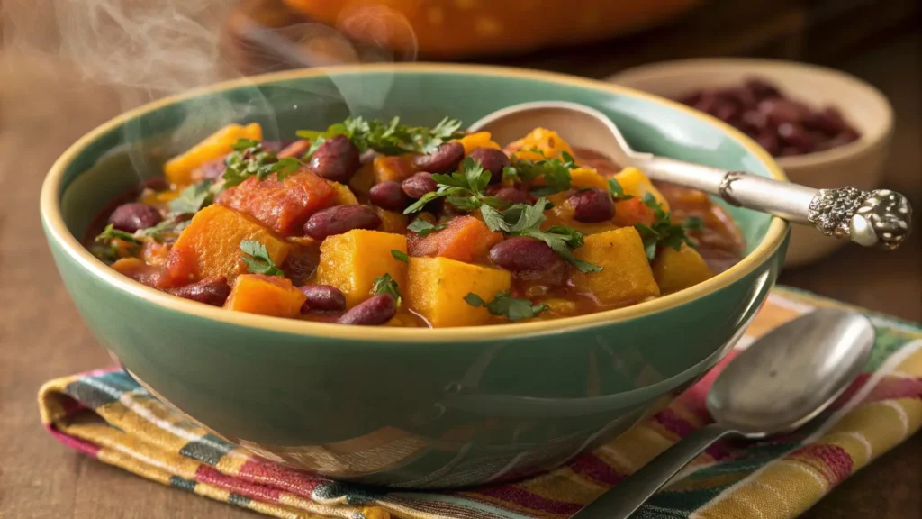 A close-up of a hearty bowl of squash and kidney beans, garnished with fresh herbs, ready to serve as a nutritious and delicious meal.