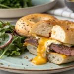 A delicious steak egg and cheese bagel served with fresh greens, showcasing tender steak, melted cheese, and a perfectly cooked egg inside the toasted bagel, ideal for a satisfying breakfast.