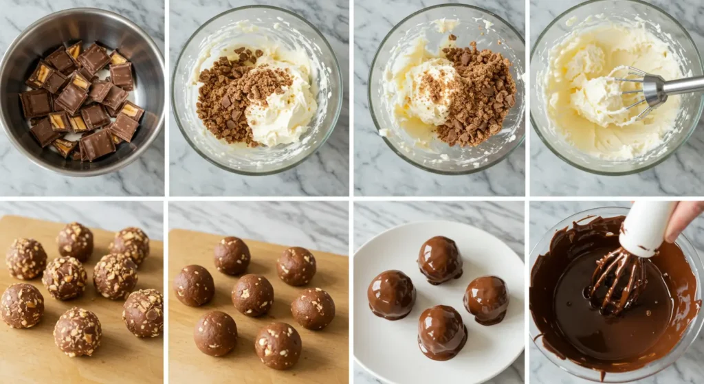 the steps to make Butterfinger balls: crushing candy bars, mixing with cream cheese, rolling into balls, and dipping in chocolate