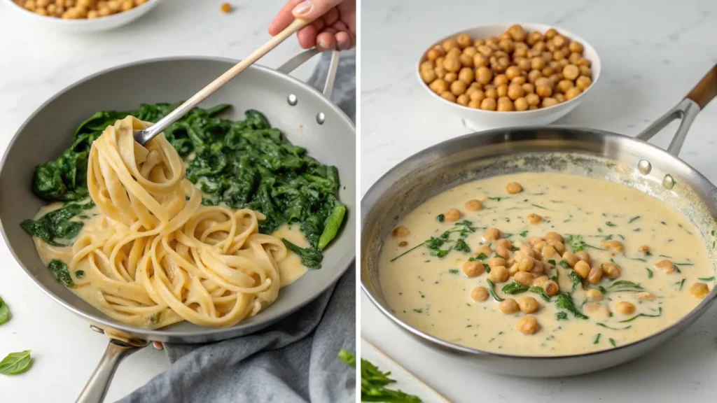 A visual guide to making creamy chickpea pasta, from sautéing spinach to combining with creamy sauce.