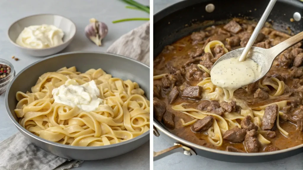 Step-by-step images showing how to make creamy beef pasta with cream cheese, from cooking the beef to mixing with pasta.