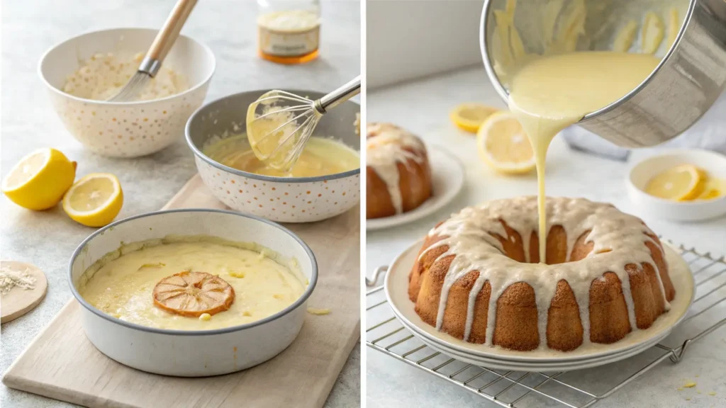 Step-by-step preparation of Great Gatsby Lemon Cakes Recipe, showing batter mixing, pouring into pans, and glazing cakes in a bright kitchen. 