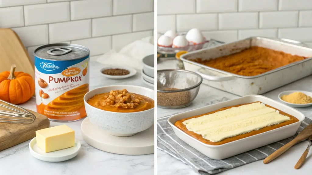 Step-by-step images showing the ingredients and preparation process of a pumpkin dump cake, including pumpkin puree, cake mix, and butter.