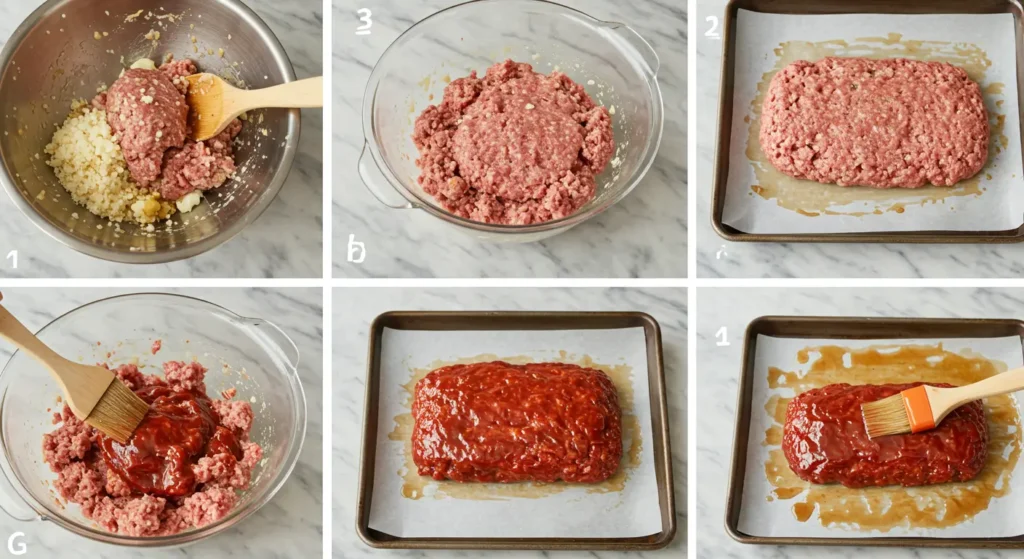 Step-by-step visuals of Ryan's Meatloaf Recipe preparation, including mixing ingredients, shaping the loaf, and glazing.