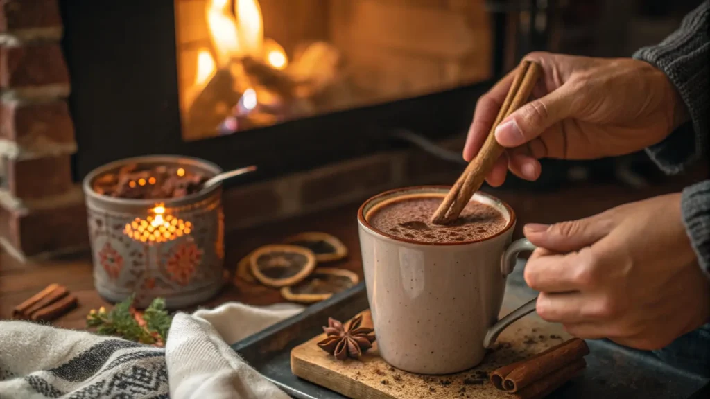 Stirring a delicious mug of hot cocoa made from scratch, with a cinnamon stick for extra flavor.