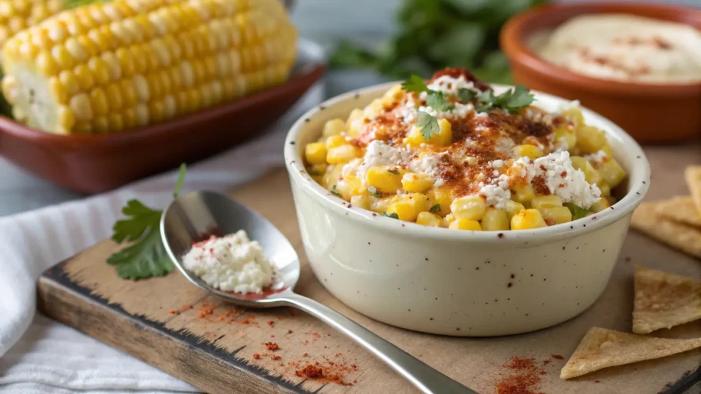 A serving dish filled with street corn dip, showing creamy cheese, corn, and Tajin seasoning.