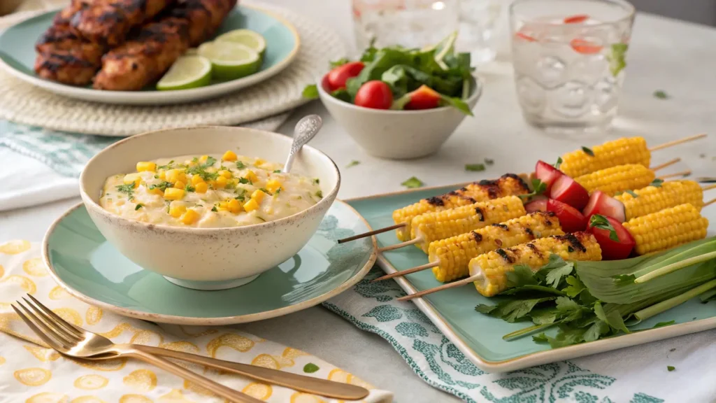 A spread featuring street corn dip with grilled chicken skewers, fresh vegetables, and salad for perfect pairing options.