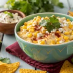 A creamy street corn dip topped with Tajin, cheese, and cilantro, served with tortilla chips and lime wedges on a rustic wooden table.