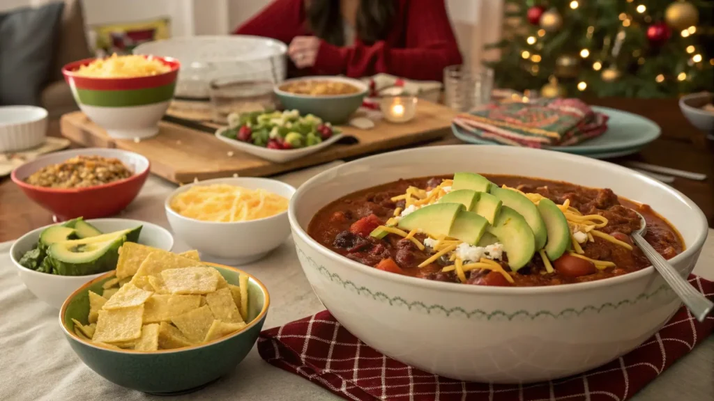 A festive gathering with taco soup frios served in large bowls, accompanied by various toppings for a fun, customizable meal.
