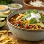 A delicious bowl of Taco Soup Frios topped with sour cream, shredded cheese, avocado, and crispy tortilla strips, perfect for a refreshing meal.