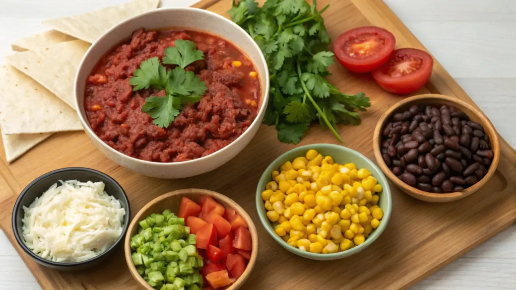 Fresh ingredients for taco soup frios, including beans, tomatoes, ground meat, and seasoning for a flavorful meal.