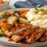 A delicious plate of apple and honey-glazed chicken tenders, served with mashed potatoes and roasted vegetables, offering a complete meal.