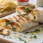 A sliced cheesy garlic chicken wrap showing melted cheese and juicy chicken inside, garnished with fresh herbs for a tasty meal.