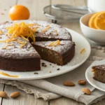 A slice of decadent chocolate orange almond cake on a plate, showcasing its rich texture, garnished with orange zest and almond slivers.